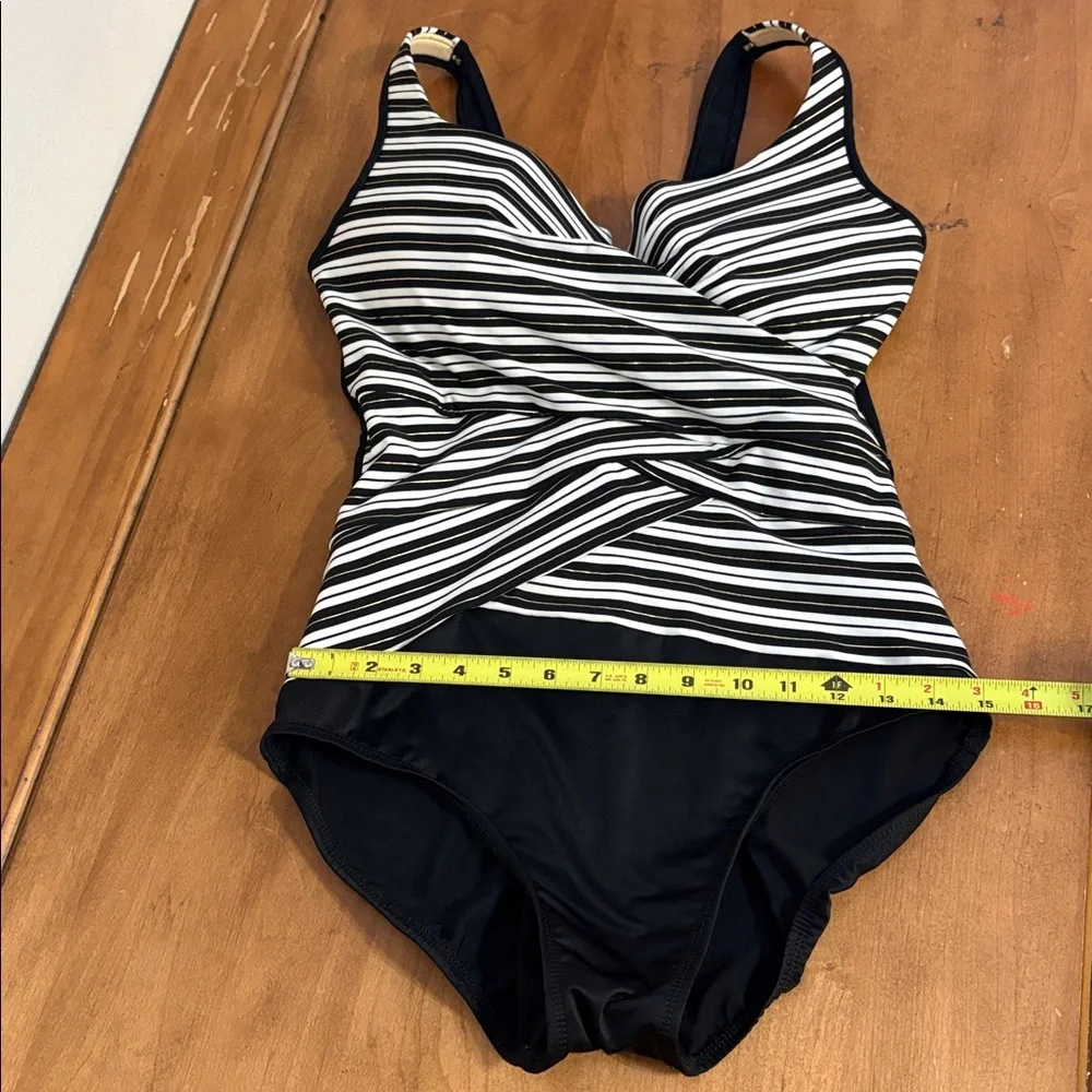 Miraclesuit One Piece Swimsuit in Black White and Gold Stripes Size 16